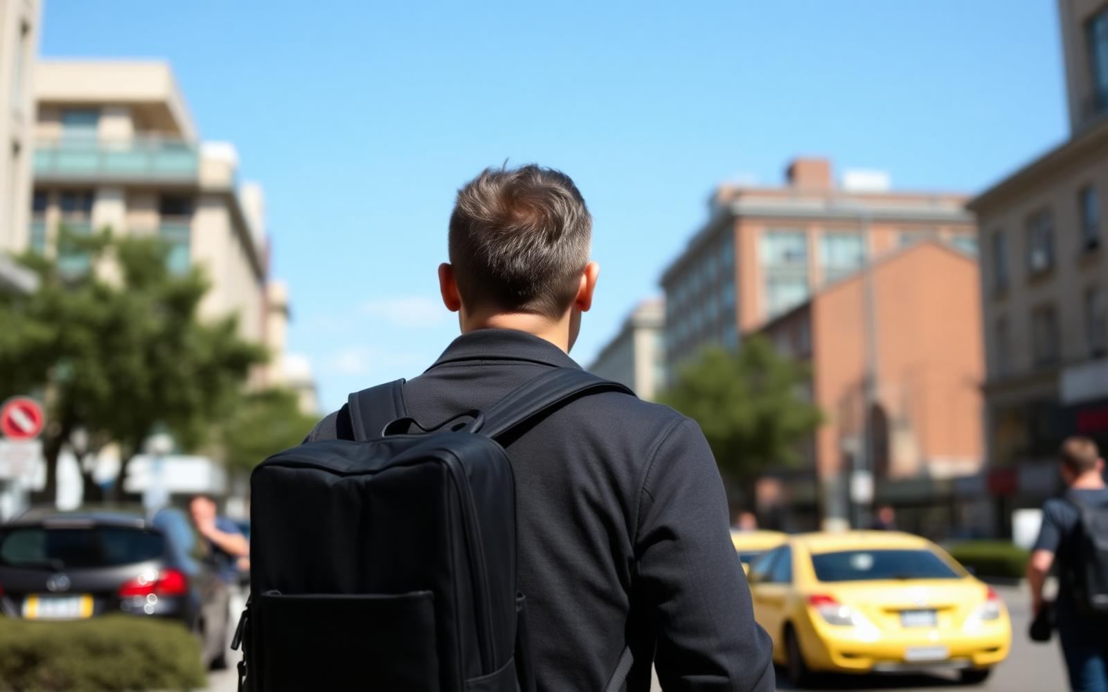 Man met een zwarte laptoprugzak loopt door de stad