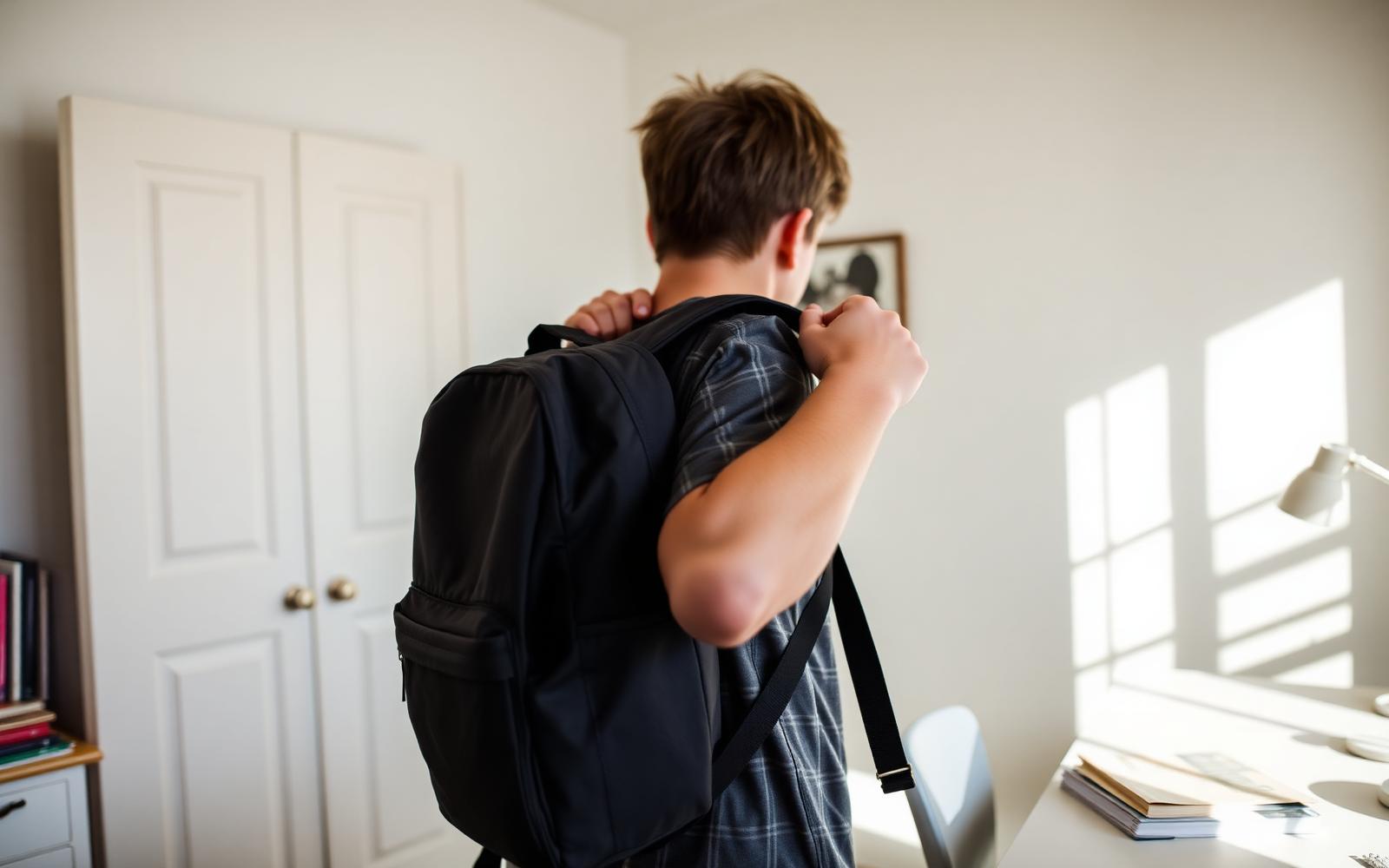 Scholier past een zwarte schooltas in een lichte slaapkamer
