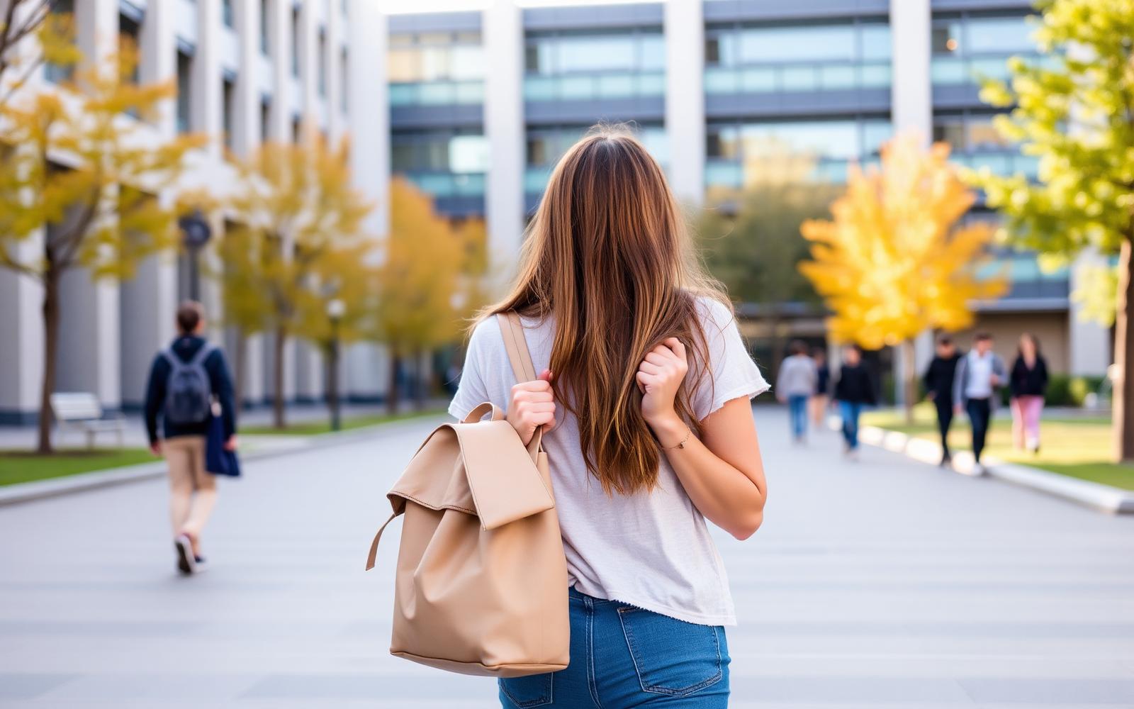 Studente loopt met een beige rugtas over de campus