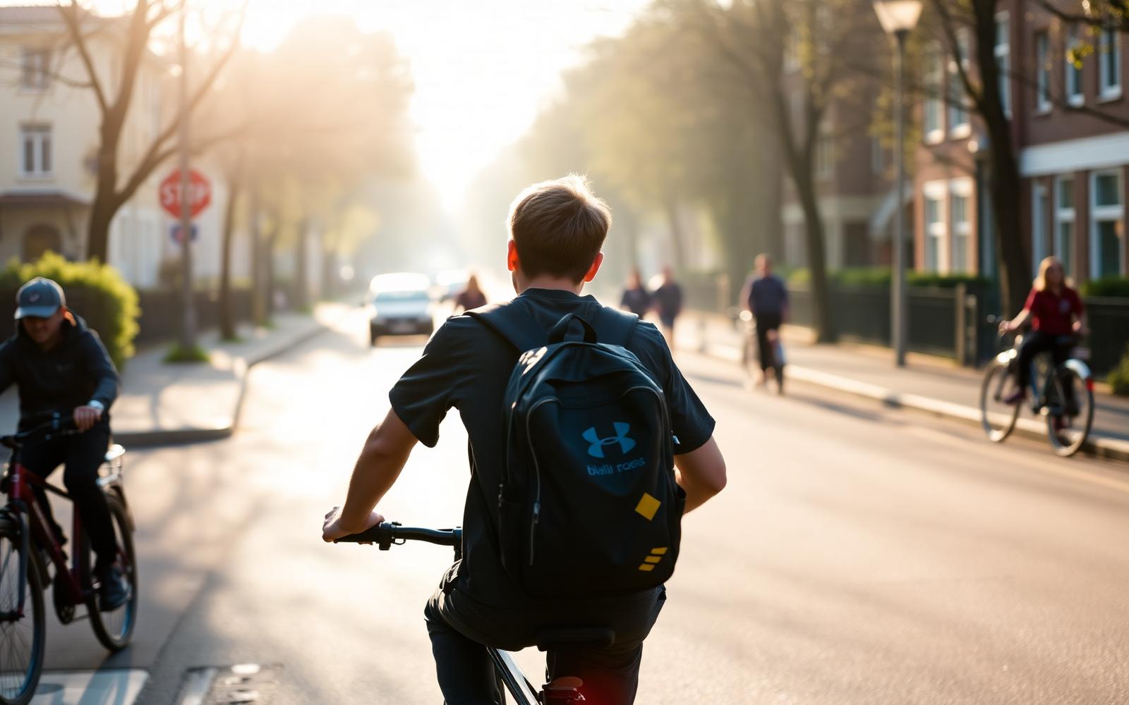 Jongen fietst met een zwarte schooltas naar school