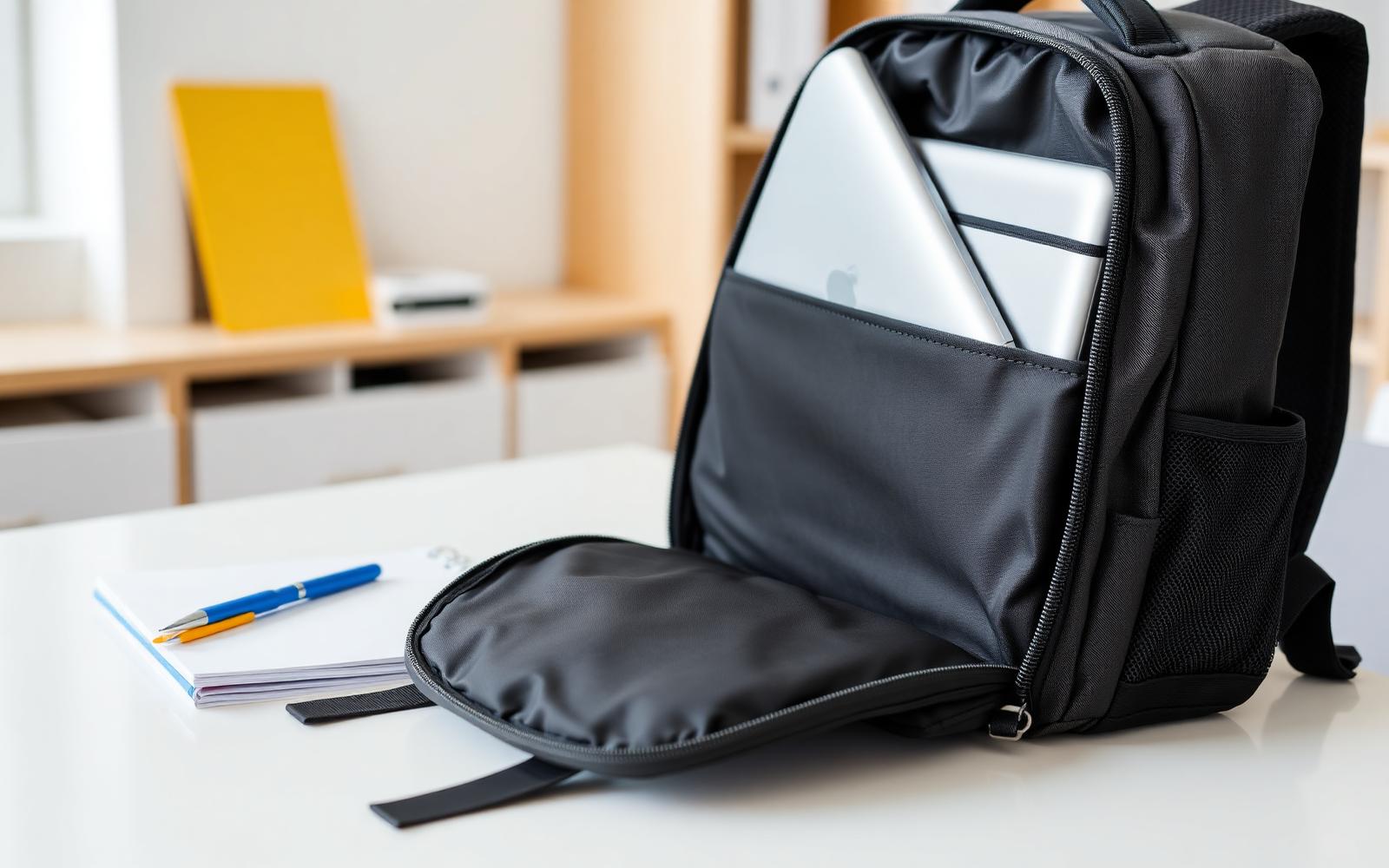 Laptop schuift in het gepolsterde laptopvak van een zwarte rugtas