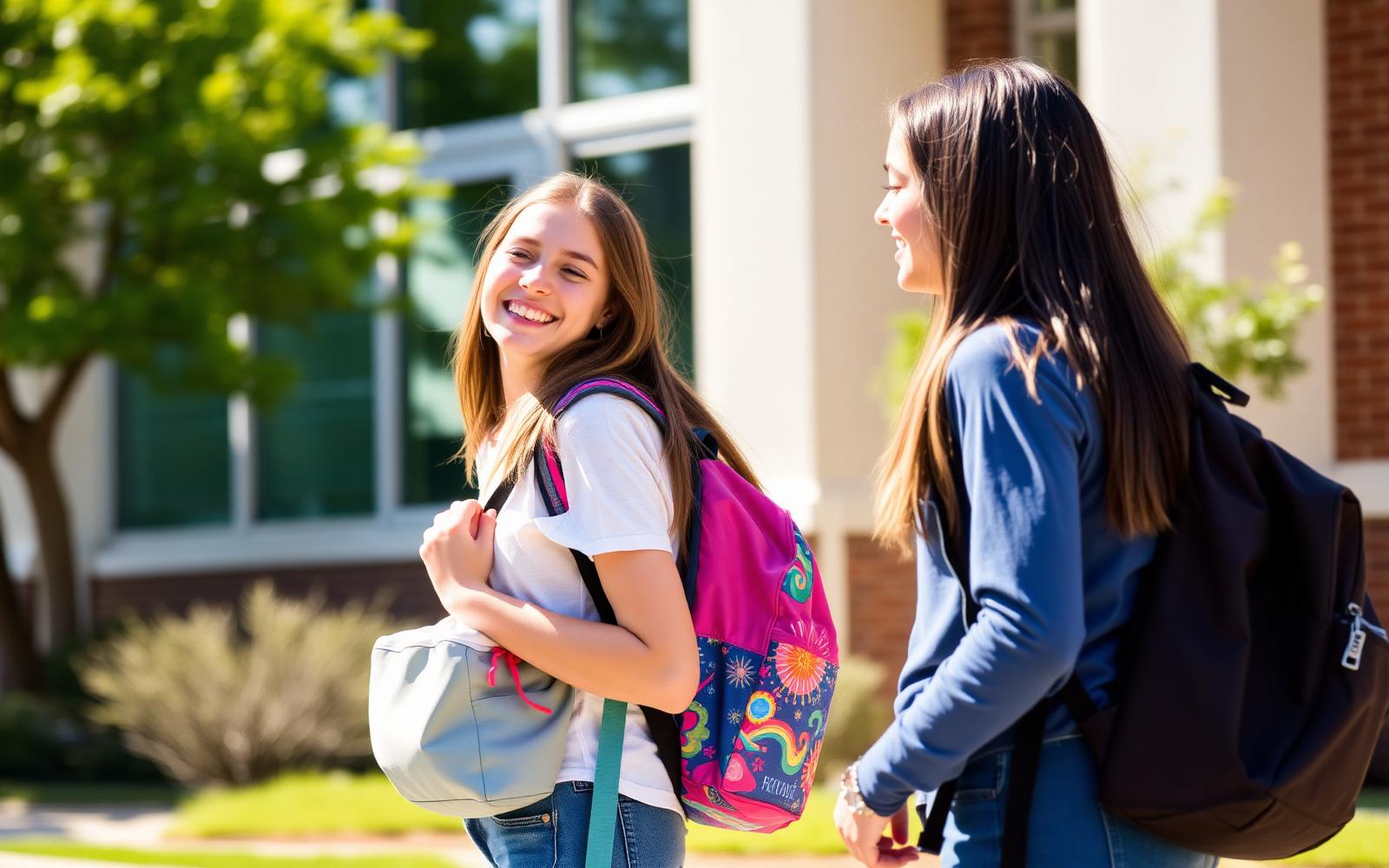 Twee tienermeiden met kleurrijke schooltassen bij een schoolgebouw