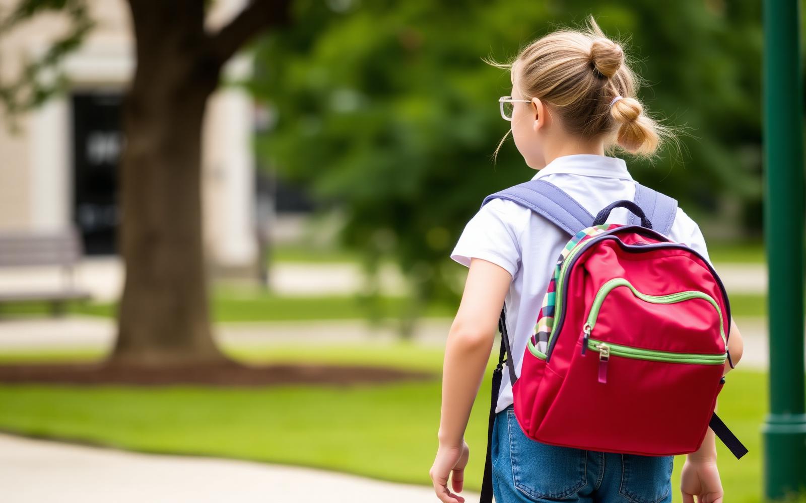 Meisje met een rode schooltas loopt naar school
