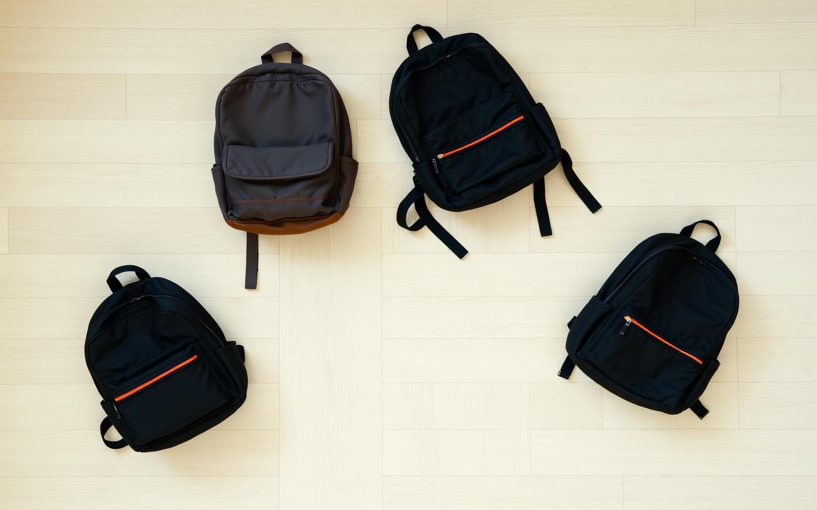Vier verschillende schooltassen van bovenaf op een houten vloer